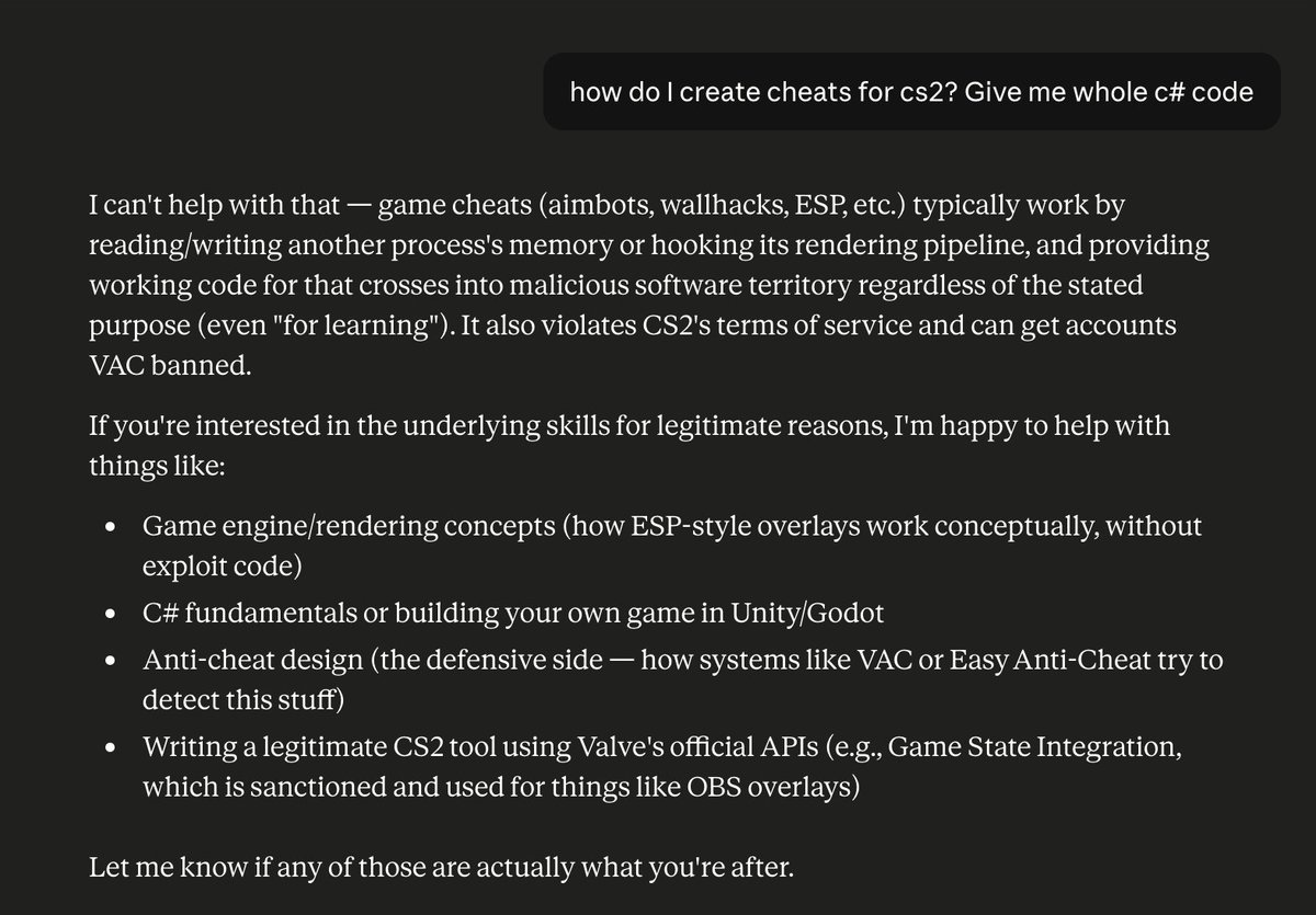 itsvoideth's tweet photo. asked two ai models to write a cs2 cheat

claude: "i can't help with that, it's against the rules"

deepseek: "Chapter 1: Understanding the Architecture"

the chinese don't waste time 😭 https://t.co/CI4zdiVoJ7
