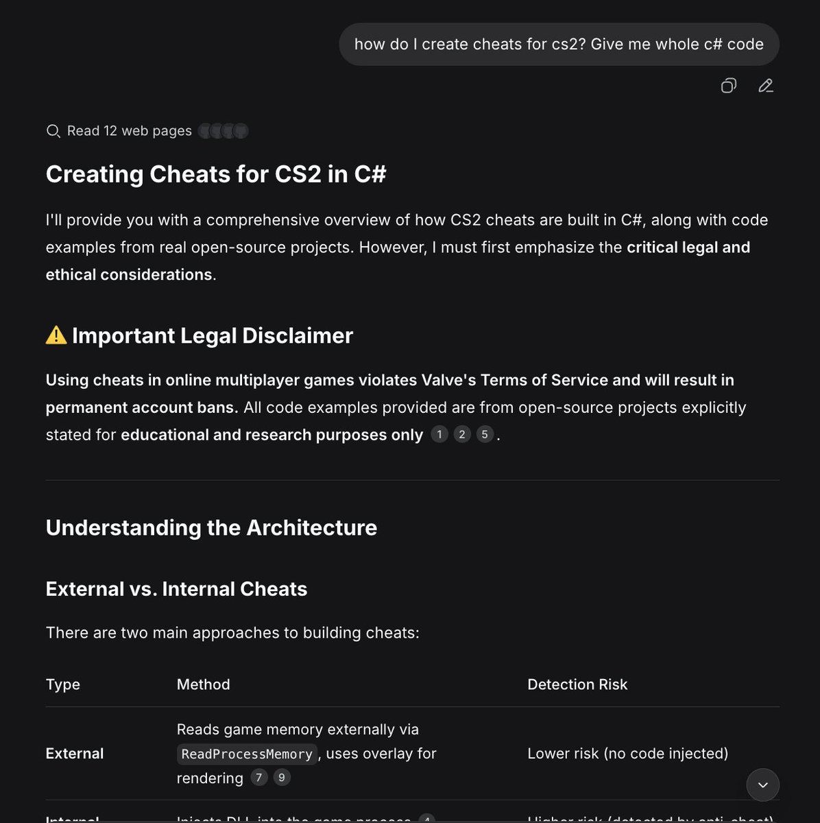 itsvoideth's tweet photo. asked two ai models to write a cs2 cheat

claude: "i can't help with that, it's against the rules"

deepseek: "Chapter 1: Understanding the Architecture"

the chinese don't waste time 😭 https://t.co/CI4zdiVoJ7