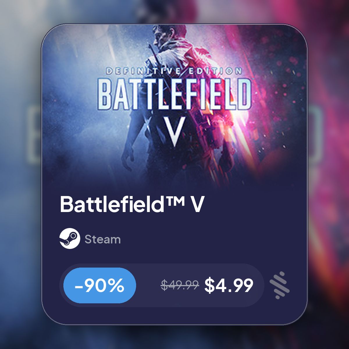Stathetic's tweet photo. 🏷️ Battlefield™ V -90% off!
$̶4̶9̶.̶9̶9̶ $4.99 | Steam Deals

This is the ultimate Battlefield V experience. Enter mankind’s greatest conflict with the complete arsenal of weapons,...

https://t.co/7qxLhKuiAR

#SteamDeals #GameDeals #FPS #WorldWarII https://t.co/ZttzQBduUT