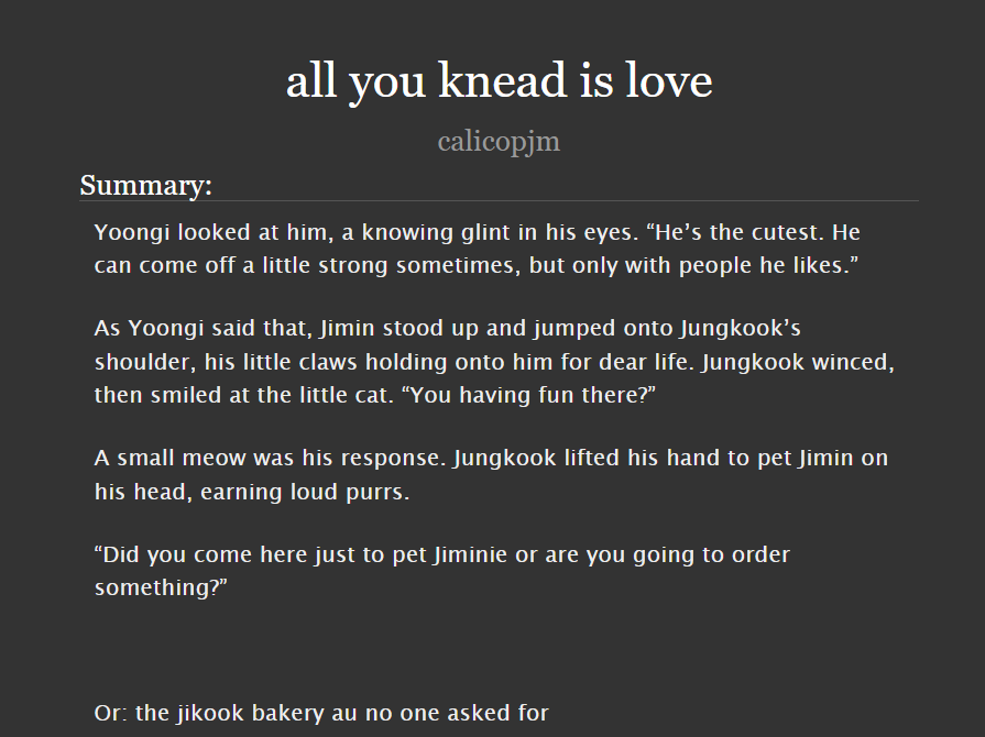 starlitggukx's tweet photo. ☕︎︎ FANFIC RECOMMENDATION
#jikookau

all you knead is love by calicopjm (10K)

➙ General Aud
➙ Cat hybrid JM
➙ Strangers to lovers

🔗- https://t.co/i05xkWIdmG https://t.co/zEXCb5XZIk