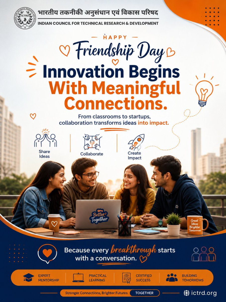 IctrdIndia's tweet photo. Every breakthrough starts with a conversation
This #FriendshipDay, we celebrate the friendships that inspire ideas, strengthen collaboration, and turn vision into impact.
Together, we innovate. Together, we grow.
https://t.co/epgymt0bi7
#Innovation #Collaboration #Research #ICTRD https://t.co/mrbgvVGxsB