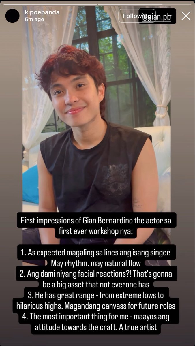 giandaily's tweet photo. direk kip’s first impressions of gian after his first ever workshop ❤️

all these qualities but my fave is number 4 🥹 maayos ang attitude towards the craft. A TRUE ARTIST!!! 💯💯💯

so excited for youu @gianbernardino_ https://t.co/e21w0MzLwM