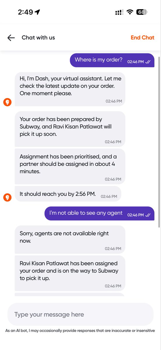 paritoshdot's tweet photo. @Swiggy @SwiggyCares The AI Bot Dash is lying to me on my face. This needs to be sorted right now or else I’m filing a complaint with consumer court. https://t.co/5JWhN4zLEw