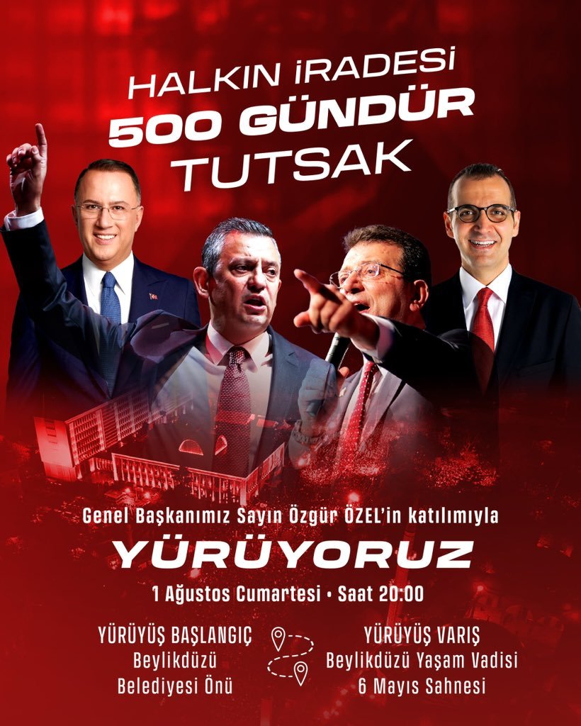 EvrimCalm's tweet photo. Halkın iradesini savunmak için Genel Başkanımız Özgür Özel öncülüğünde buluşuyoruz.

500 gündür tutsak olan Cumhurbaşkanı adayımız ve İstanbul Büyükşehir Belediye Başkanımız Ekrem İmamoğlu ve tüm yol arkadaşları için...

🗓️ 1 Ağustos Cumartesi 
🕗 20.00
📍 Beylikdüzü Belediyesi https://t.co/BwHEpTN5fc