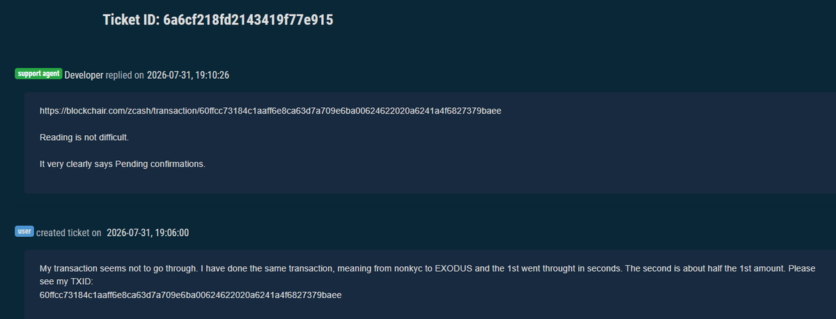 Syris85's tweet photo. All I wanted to know if the TXID was broadcasted, and found it was never.

@Zcash @nonkyc_exchange @crypto https://t.co/sVSHMRqoDT