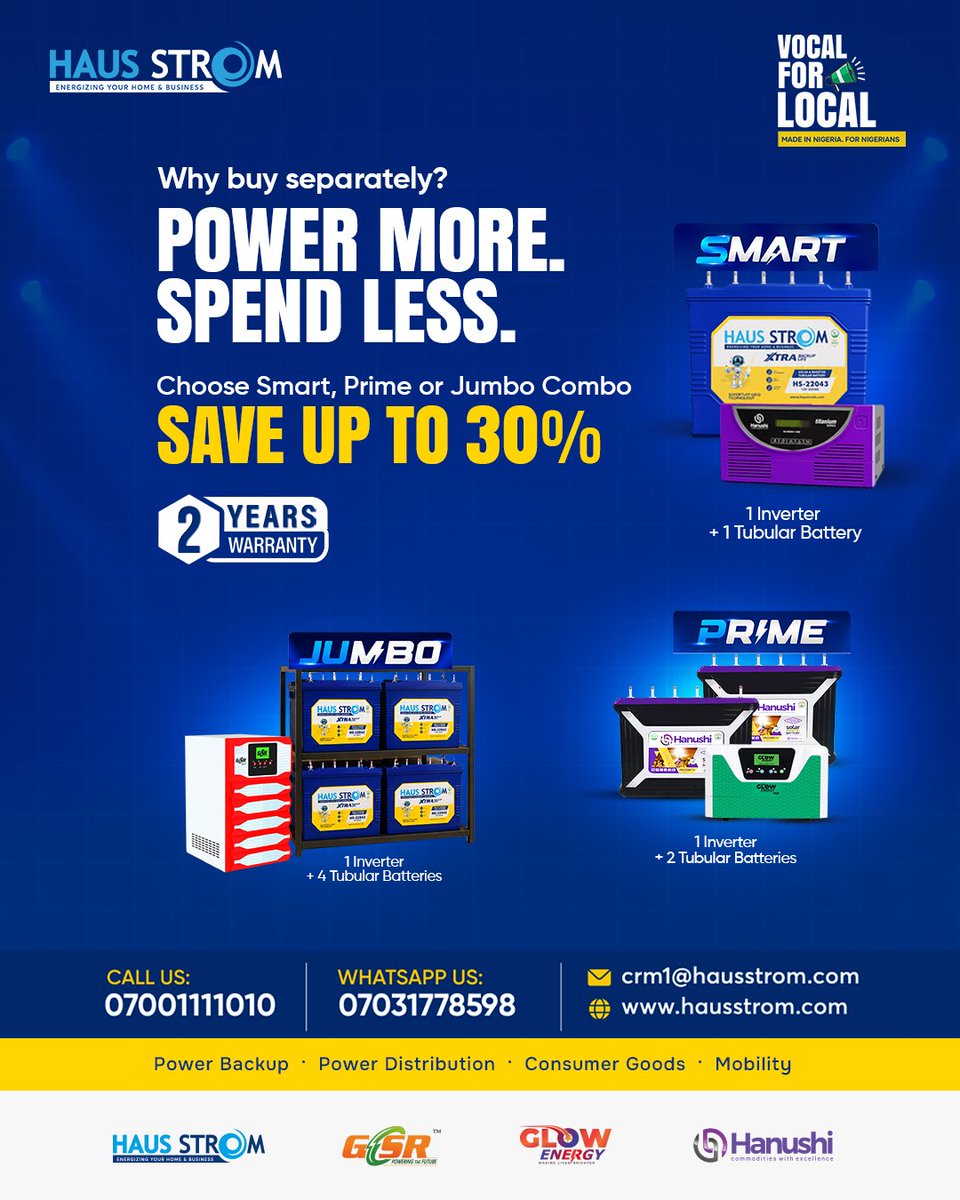 HausstromNG's tweet photo. Power more! Spend less! Save bigger!
Why buy separately when you can get more value in one package?

Buy any Hausstrom Power Combo and enjoy up to 30% OFF, plus an exclusive gift with your purchase.

Call us: 07001111010
💬 WhatsApp: 07031778598
🌐 Visit: https://t.co/d987yT29Ly https://t.co/sjalf9TyYB