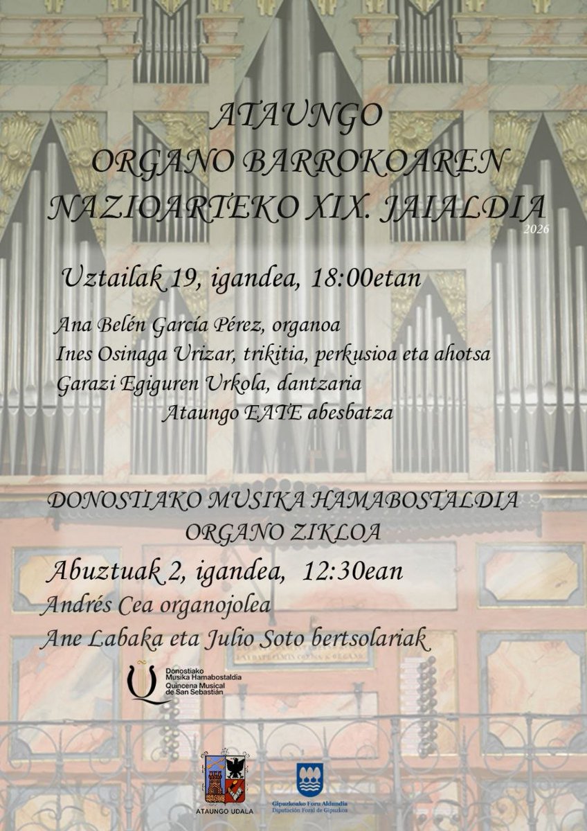 Ataungo_Udala's tweet photo. [AGENDA] Bigarren eta azken hitzordua izango dugu bihar, igandea, Ataungo Organo Barrokoaren Nazioarteko XIX. Jaialdiaren barruan 👇

🎹 Andres Cea organo-jolea.
🗣️ Bertsolariak: Ane Labaka eta Julio Soto.
🕧 12:30ean. https://t.co/pKh7XK8UG1