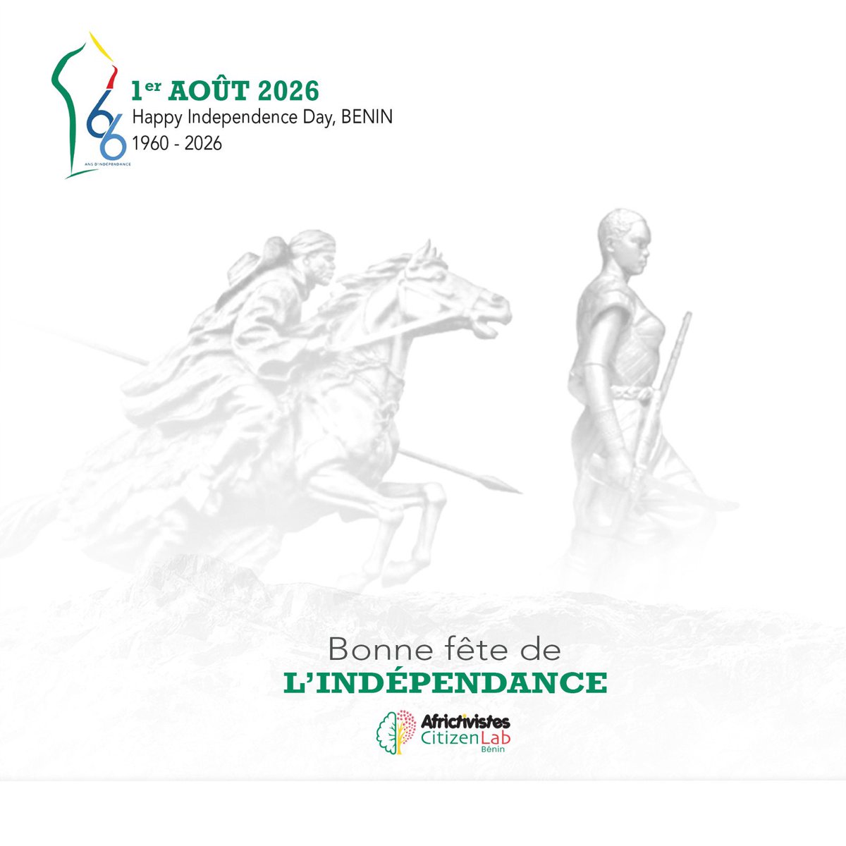 CitizenLab_BN's tweet photo. En ce 1er août 2026 , célébrons avec fierté notre histoire et regardons avec confiance vers l'avenir.
Bonne fête de l’indépendance à toutes les Béninoises et à tous les Béninois. 🇧🇯
#Africtivistes #CitizenLab #ACLB https://t.co/I5XZBZkYHV