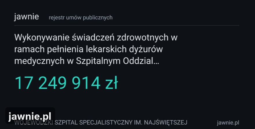 Janusz_Ch_'s tweet photo. 🚨 17 MILIONÓW zł w ROK za dyżury lekarskie na jednym SOR ‼️

Szpital im. NMP w Częstochowie podpisał ze spółką SORMED umowę na 17 249 913,84 zł za dyżury medyczne na SOR ‼️
Okres: 1 rok - 47 260 zł na dobę‼️
@PatrykSlowik @JakubStyczynski @tomo9000p @TomaszZwyk
#konowałposting 

Przy okazji obserwujcie ten profil 🔥