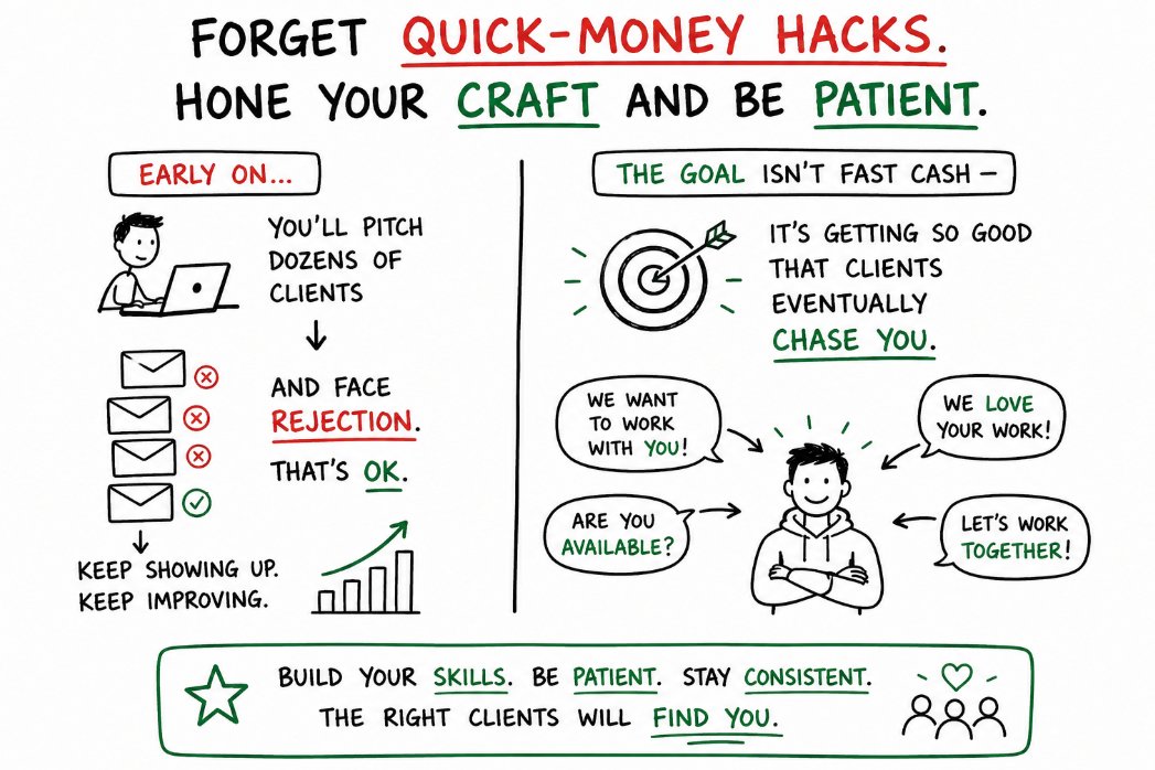 Aniketvisuals's tweet photo. Forget quick-money hacks.
Hone your craft and be patient. Early on, you’ll pitch dozens of clients and face rejection; that’s OK.
The goal isn’t fast cash – it’s getting so good that clients eventually chase you. https://t.co/cWKQpaFAz9