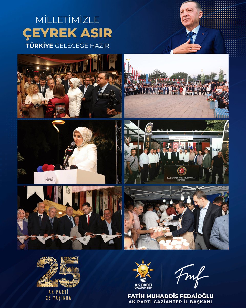 AKPartiG_Antep's tweet photo. İl Başkanımız Sayın Fatih Muhaddis Fedaioğlu, AK Parti Genel Merkez Dış İlişkiler Başkan Yardımcımız Sayın Fatma Ataseven, AK Parti Kilis İl Başkanımız Sayın Serhan Diyarbakırlı, Gaziantep Valimiz Sayın Kemal Çeber, Kilis Valimiz Sayın Ömer Kalaylı, Gaziantep Büyükşehir Belediye Başkanımız Sayın Fatma Şahin, Şehitkamil Belediye Başkanımız Sayın Umut Yılmaz, Şahinbey Belediye Başkan Vekilimiz Sayın Cuma Güzel, Karkamış Belediye Başkanımız Sayın Mustafa Güzel, MHP Gaziantep İl Başkanımız Sayın Mehmet Sait Kılıç, üç kademe teşkilat mensuplarımız ve il protokolümüz ile birlikte, Gaziantep Büyükşehir Belediyemiz tarafından düzenlenen Yurt Dışı Türkler, Dernekler ve Yöresel Kültürler Buluşması 10. Hemşehri Dernekleri Festivali açılış programına katılım sağladık.

Farklı kültürleri aynı çatı altında buluşturan, birlik ve beraberlik ruhunu güçlendiren bu anlamlı organizasyonda emeği geçen başta Gaziantep Büyükşehir Belediye Başkanımız Sayın Fatma Şahin olmak üzere tüm paydaşlara teşekkür ediyor; festivalin şehrimize ve tüm hemşehrilerimize hayırlı olmasını diliyoruz. 🇹🇷

@abuyukgumus
@fmfedaioglu
@FatmaAtaseven06
@akserhanbaskan
@kemalcebervali
@KalayliOmer
@FatmaSahin
@umutymz
@cumaguzel27
@mustafaguzel027
@msait27
@kilisakparti 
@Akparti