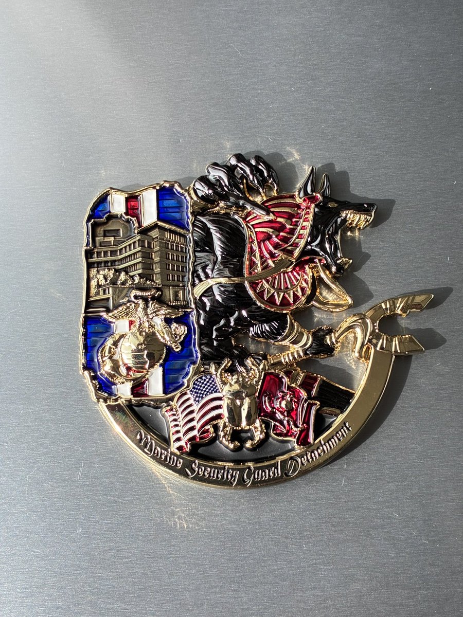 kabanetyper's tweet photo. アメリカ海兵隊
保安警護隊（MSG）
在エジプト米国大使館　
#チャレンジコイン  
#challengecoin   
 引き続き、仕様違いエジプト版。
三大ピラミッドと石板の後ろに、荒ぶるアヌビス神が大迫力！

ちなみに、アヌビスとジェフティだったら…私はジェフティが好きです。
はいだら
（わかるひとに届け） https://t.co/HdcfOhSact