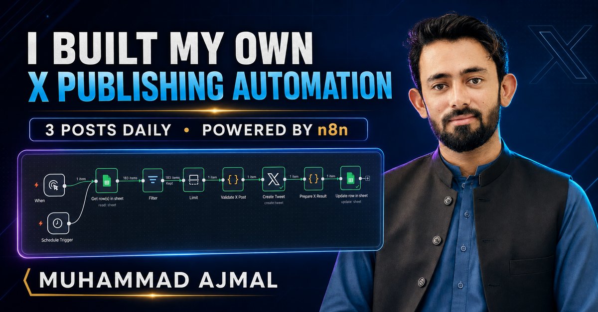 MuhammadAjmalAI's tweet photo. Built and launched my own X publishing automation with n8n. 🚀

Google Sheets → READY filter → validation → publish → save result.

It now posts 3 times daily and prevents duplicates.

Small workflow. Real time saved.

#BuildInPublic #n8n #Automation https://t.co/bTlyQgUCxh