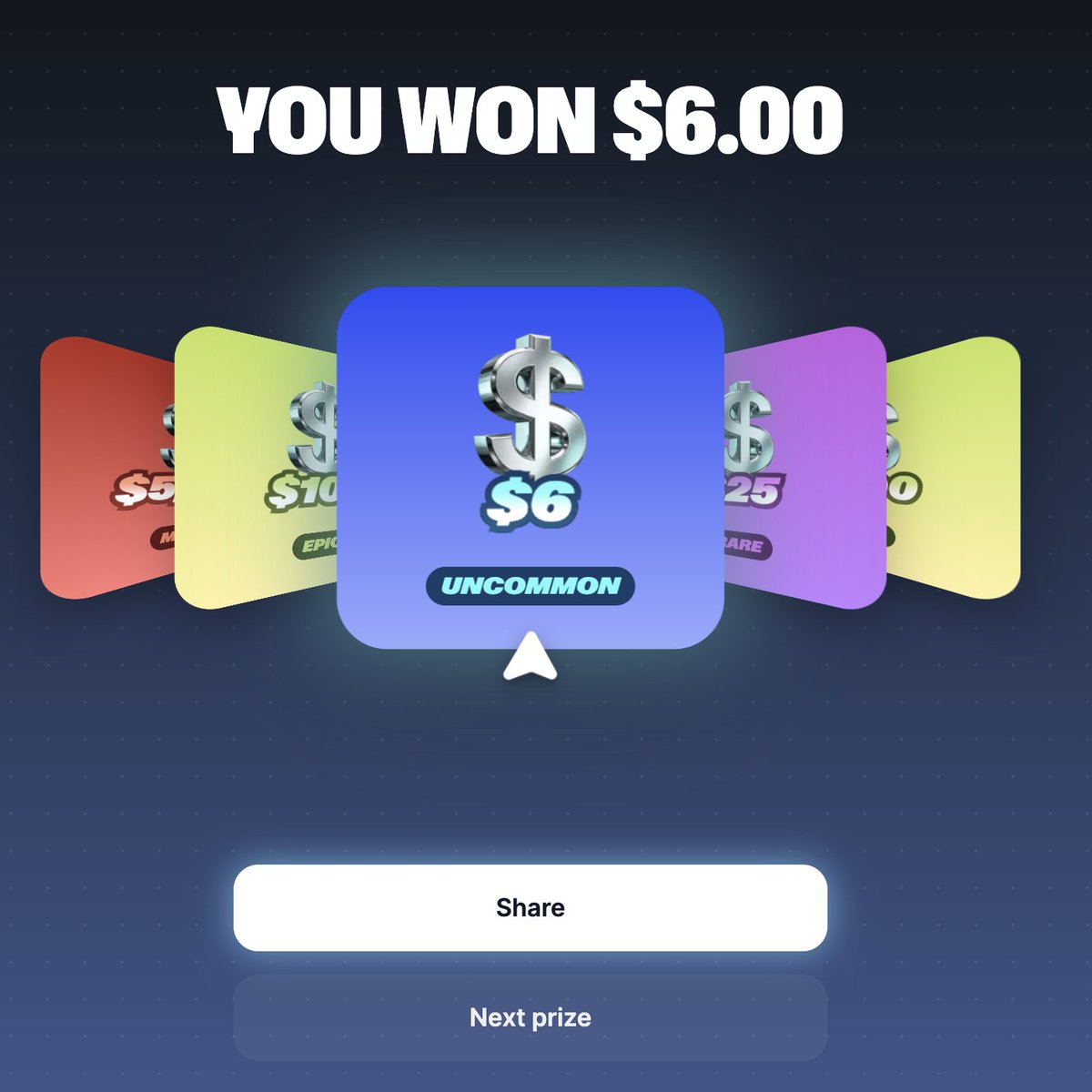 NelsonRodMar's tweet photo. @andreitr @megapot Got 6 boxes to open

Biggest prize was $6, and the total was $20

Ngl, but really love this new feature; UX of opening box is top tier 🤌 and prize is pretty cool

I will continue the way I was doing it $5 ticket everyday https://t.co/DzwMvN3h6t