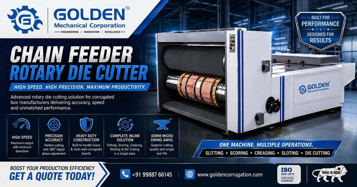 idea_amritsar's tweet photo. GOLDEN Chain Feeder Rotary Die Cutter Manufacturers & Exporters
https://t.co/iEGVvyRdEL
📞 +91 (998) 876 6145
📧 Email: gmc.asr1997@gmail.com
#GoldenMechanicalCorporation #GoldenCorrugation #RotaryDieCutter #ChainFeeder #DieCuttingMachine #CorrugatedBoxMachine https://t.co/QDEdgI5C49
