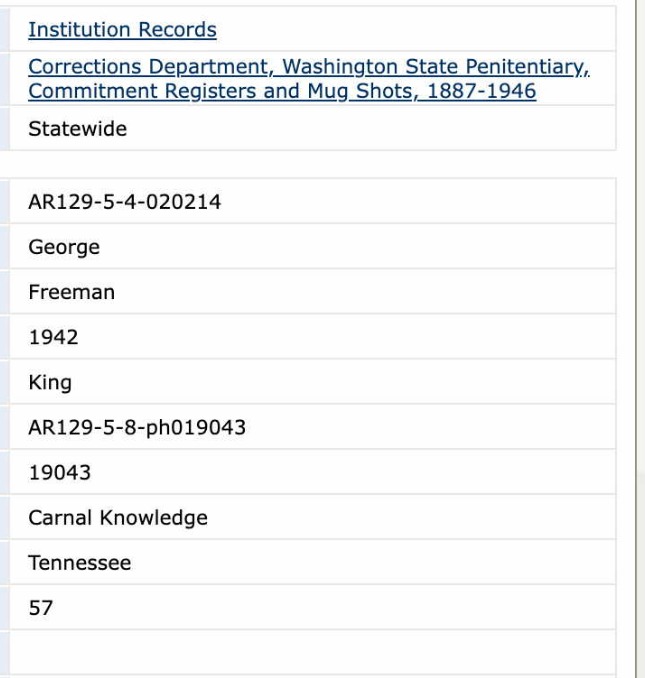 NotYourAvgBliss's tweet photo. #clickbaitcockroach's 5 times married paternal grandfather committed 'carnal knowledge' with a child age 15-18 in 1941 in WA state. She has no moral standing and now it all makes sense, her obsession. Behold grandfather Freeman....sentenced to 18 yrs. for said crime in 1942. https://t.co/4ISFAkzcG9
