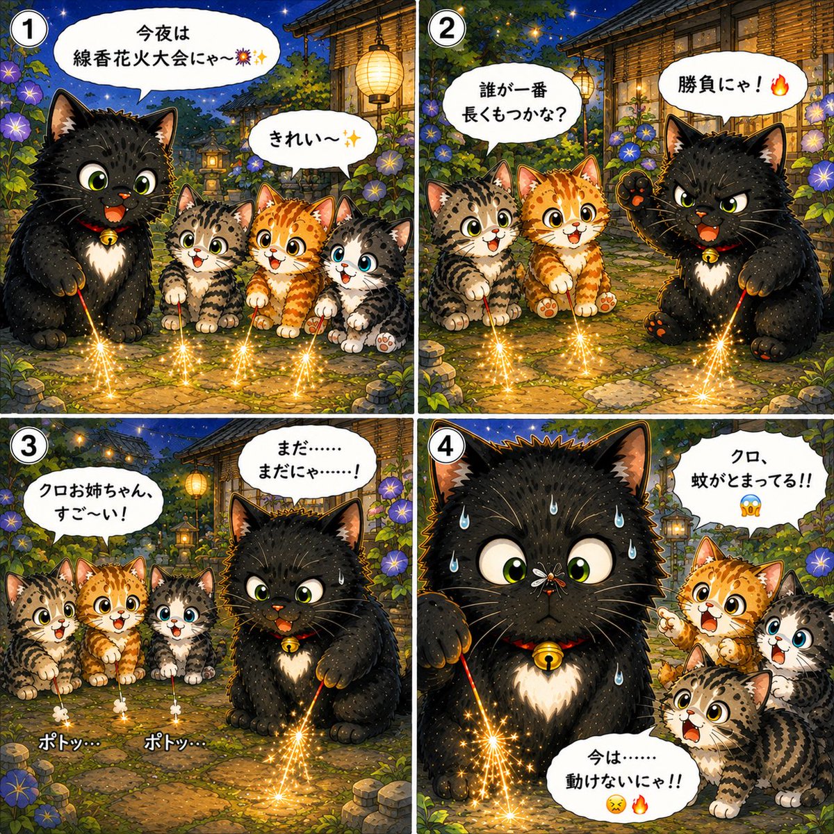 jun_blair_melon's tweet photo. おはにゃ〜🐈‍⬛ 🐾 ✨ 今夜はみんなで線香花火🎇 誰が一番長くもつか、真剣勝負！ 鼻に蚊がいても……動けないにゃ🤣🦟

#黒猫クロ #猫漫画 #4コマ漫画 #線香花火 #夏の夜 https://t.co/DFo96qhlMn