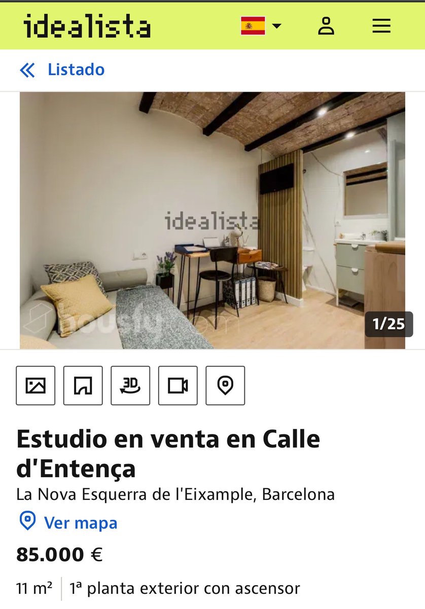 Elisendalamany's tweet photo. Un “estudi” d’11 metres quadrats per 85.000 euros. 
@ERCbcn continuem demanant, avui per escrit, al govern de Barcelona que cal fer complir la llei i reforçar inspecció per evitar aquest tipus d’anuncis. 
No hi ha excuses. Cal que s’hi posin. https://t.co/QdwgeHn3Jj
