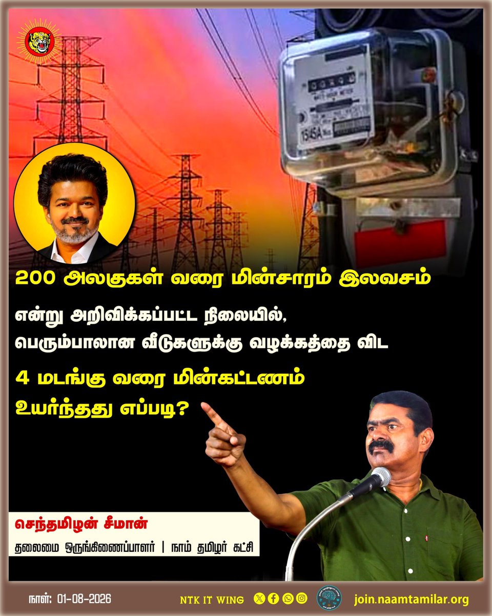 _ITWingNTK's tweet photo. 200 அலகுகள் வரை மின்சாரம் இலவசம்

என்று அறிவிக்கப்பட்ட நிலையில், பெரும்பாலான வீடுகளுக்கு வழக்கத்தை விட 4 மடங்கு வரை மின்கட்டணம் உயர்ந்தது எப்படி?

செந்தமிழன் சீமான்

தலைமை ஒருங்கிணைப்பாளர் | நாம் தமிழர் கட்சி https://t.co/bAWJhHNw66