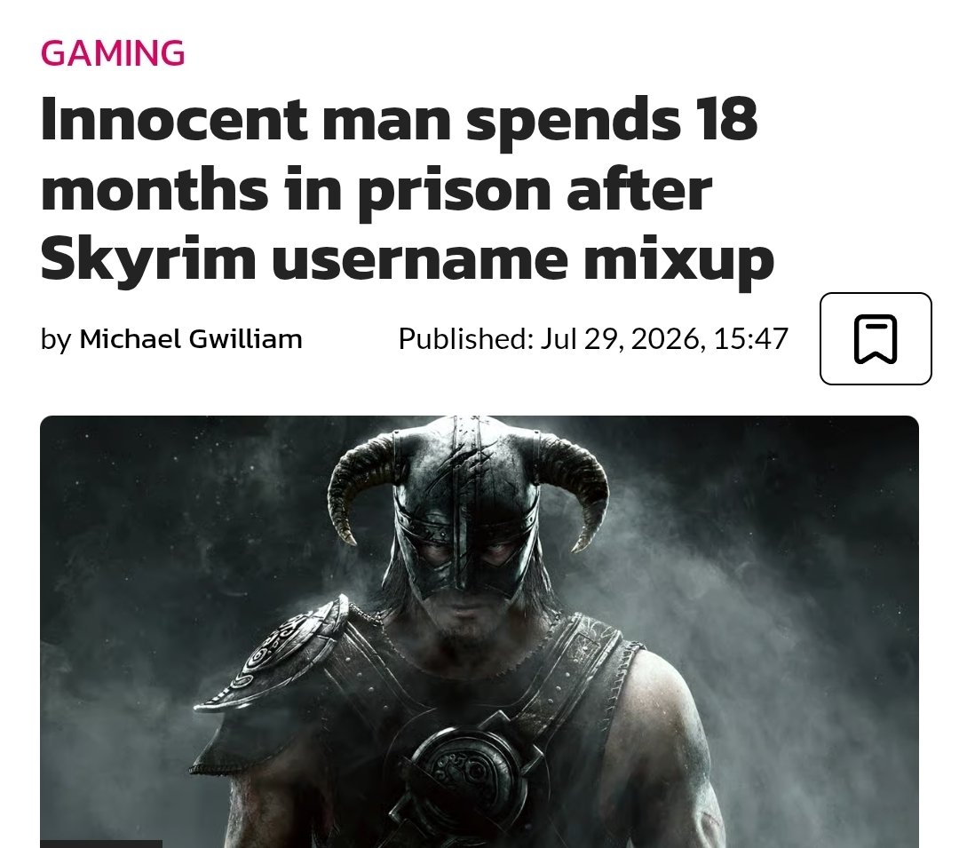 MigueldeLys's tweet photo. Esta es la noticia gamer de la semana:

Un hombre inocente pasó 18 meses en prisión porque la policía pasó por alto un guion bajo en su nombre de usuario de Skyrim.

Los investigadores confundieron "fus_ro_dah" con "fus__ro_dah" https://t.co/3V1elEKv76