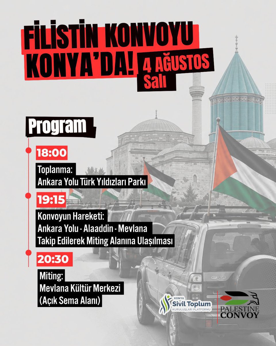 ghkonya's tweet photo. Uluslararası Filistin Konvoyu Konya’da!

Filistin’deki işgale ve gaspa dur demek, soykırımı sonlandırmak ve sivil iradenin gücünü göstermek için Avrupa’dan yola çıkan konvoy Konya’ya ulaşıyor!

Gel, sen de Filistin’in sesi ol! https://t.co/VdIfpUIpl7