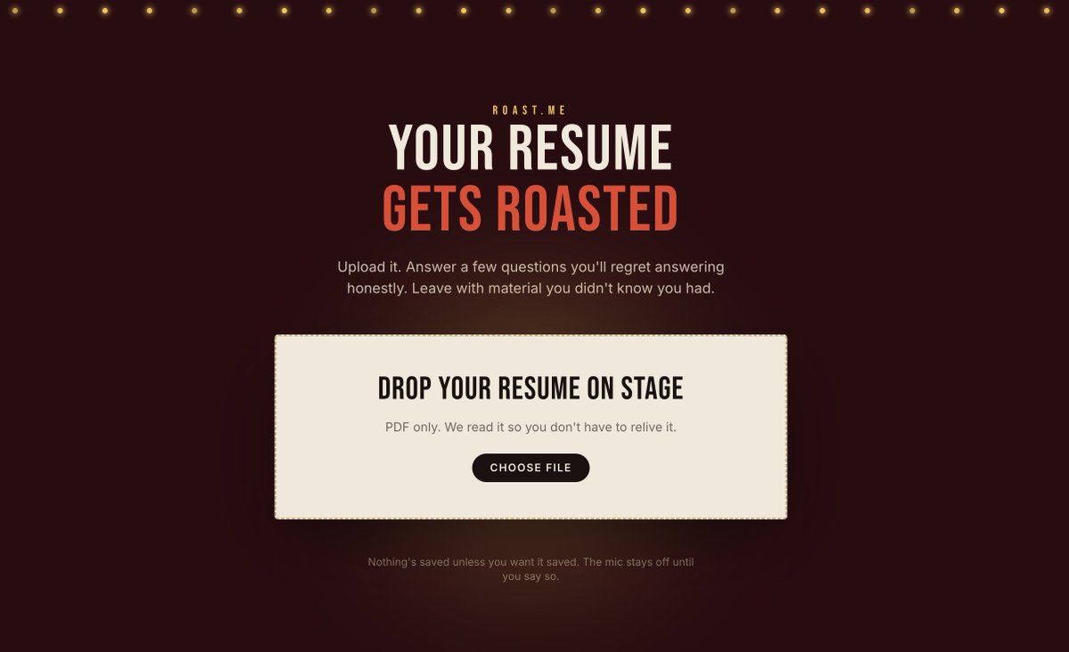 PunitBathija's tweet photo. @TanzilaSha9574 Think your resume is actually good? 😏 Upload it, answer a few questions, and let AI roast you with absolutely zero mercy.  Try it: https://t.co/vJkTr7ArR4 If it hurts, that's probably a good sign. 📷 #BuildInPublic #AI #Resume #JobSearch #RoastMe #Javascript https://t.co/PqXADkV4dq