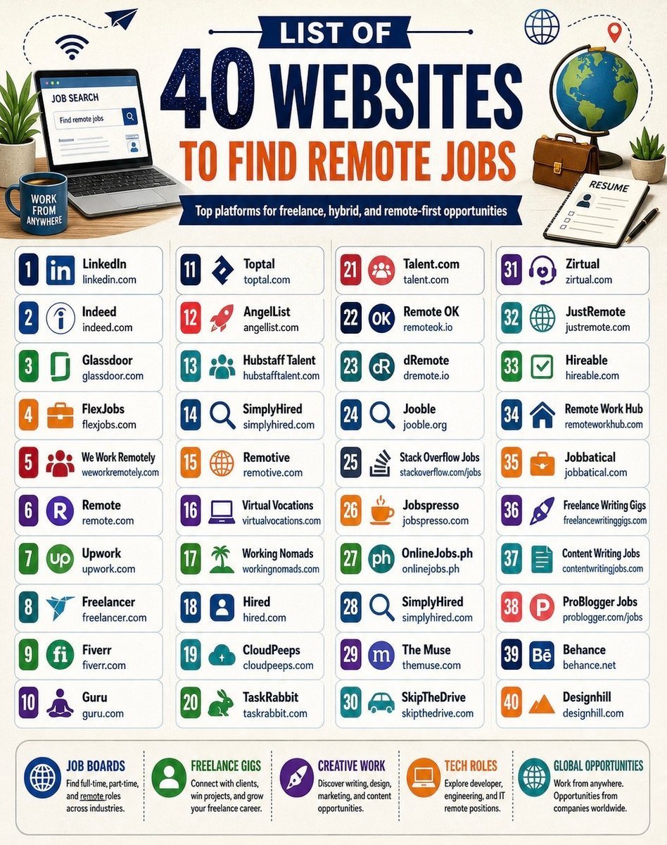 Bhanusinghyede's tweet photo. LIST OF 40 WEBSITES TO FIND REMOTE JOBS

1. Linkedin. com

2. Indeed. com

3. Glassdoor. com

4. FlexJobs. com

5. weworkremotely. com

6. Remote. com

7. Upwork. com

8. Freelancer. com

9. Fiverr. com

10. Guru. com

11. Toptal. com

12. AngelList. com

13. Hubstafftalent. com

14. Simplyhired. com

15. Remotive. com

16. Virtualvocations. com

17. workingnomads. com

18. Hired. com

19. cloudpeeps. com

20. taskrabbit. com

21. talent. com

22. remoteok. io

23. dremote. io

24. jooble. org

25. stackoverflow. com/jobs

26. jobspresso. com

27. onlinejobs. ph

28. simplyhired. com

29. themuse. com

30. skipthedrive. com

31. zirtual. com

32. justremote. com

33. hireable. com

34. remoteworkhub. com

35. jobbatical. com

36. freelancewritinggigs. com

37. contentwritingjobs. com

38. problogger. com/jobs

39. behance. net

40. designhill. com

Follow me @Bhanusinghyede
