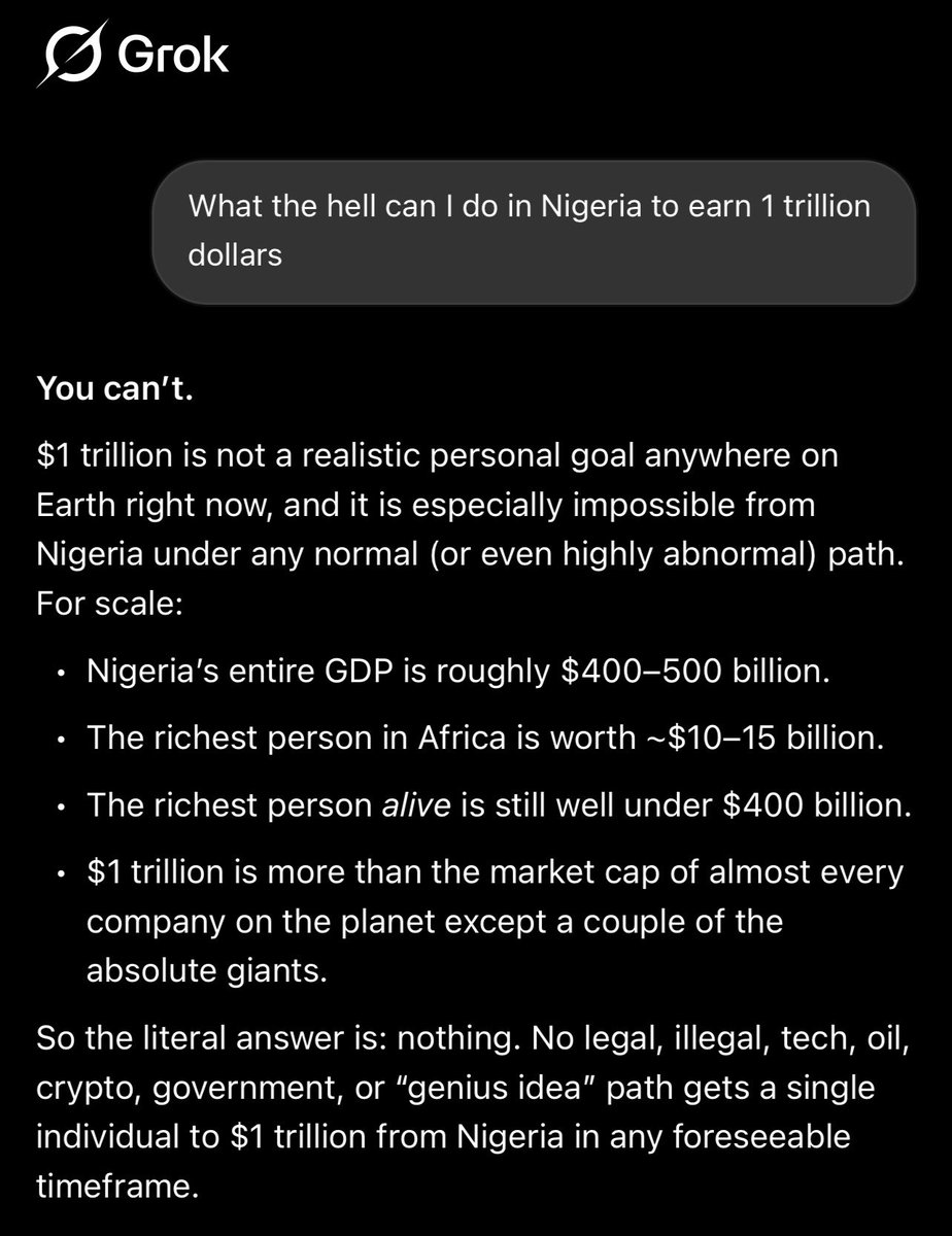 0xRad0's tweet photo. @elonmusk @grok also said nobody can be a trillionaire from Nigeria. 😢 https://t.co/tg956PUE1f