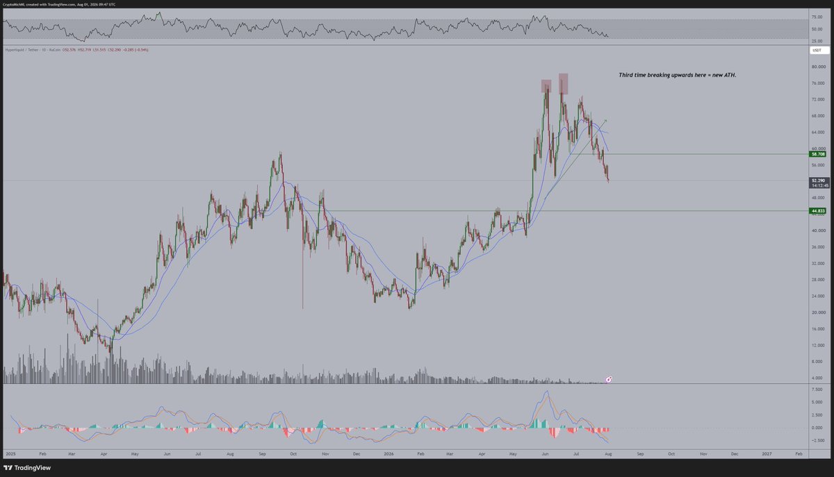 CryptoMichNL's tweet photo. $HYPE coming back down, making it interesting from here to $45. https://t.co/X2HRuJqikR