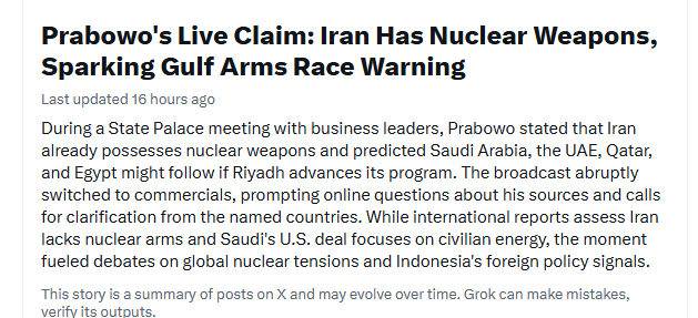 TradingDiary2's tweet photo. nah lho rame lho viral ini hehehe gimana kira kira reaksi internasional?

"Dikatakan, bahwa Iran sudah punya senjata nuklir. Sekarang Saudi Arabia ingin juga punya," katanya, dikutip Jumat (31/7/2026).

Setelah Saudi Arabia, Uni Emirat, Qatar, dan Mesir juga mengikuti.

Pembicaraan Prabowo yang ditayangkan melalui YouTube ini pun viral. Lantaran, sambungan dalam video itu disensor.