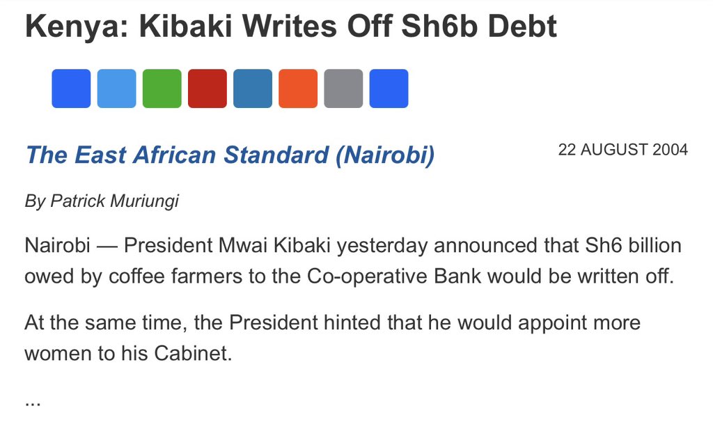 Asamoh_'s tweet photo. Kibaki alone : 
August 2004: President Kibaki announced a write-off of KSh 5.8 billion owed by coffee farmers and unions to the Co-operative Bank. 

December 2011 & 2012: The government wrote off an extra bundle of debt—approximately KSh 3.4 to 3.7 billion—to clear societies' and farmers' bank arrears. 
 
Kenyans are not stupid