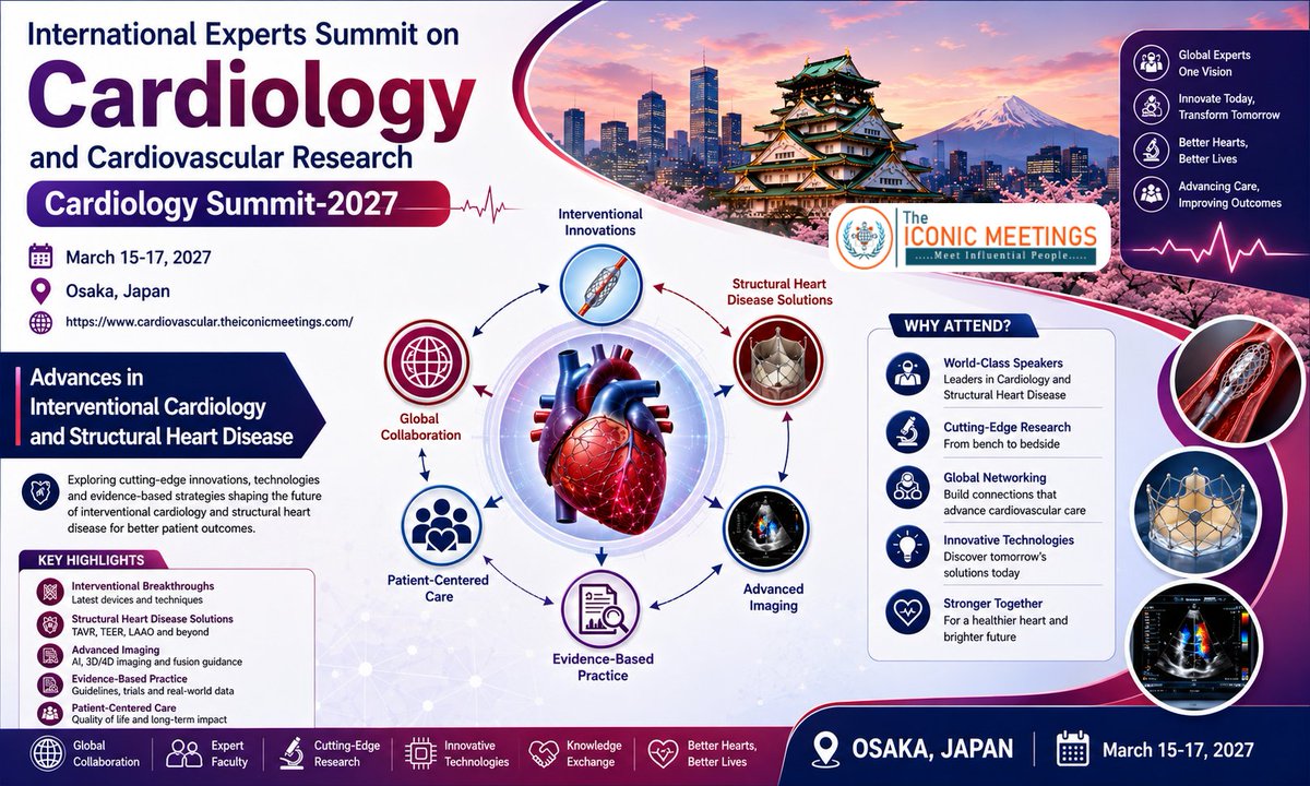 info_Cardiology's tweet photo. Session Spotlight

Explore the latest advances in Interventional Cardiology &amp; Structural Heart Disease at #CardiologySummit2027

📍Osaka, Japan
📅March 15–17, 2027
TAVR &amp; TEER
Advanced Imaging
Evidence-Based Practice
Global Collaboration

#Cardiology #StructuralHeart #HeartHealth https://t.co/A7ShVgFm4F