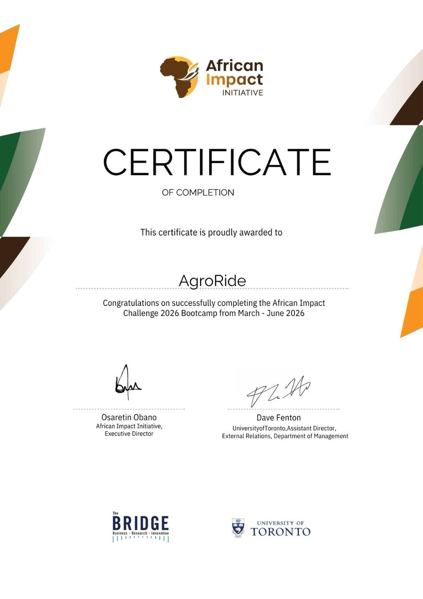 useAgroRide's tweet photo. Proud to share that Agroride has successfully completed the African Impact Challenge 2026 Bootcamp! 🌍🏆
This milestone strengthens our commitment to building innovative solutions that empower agriculture and create lasting impact.
The journey continues. 💚
#Agroride https://t.co/eSR4r3X5O5