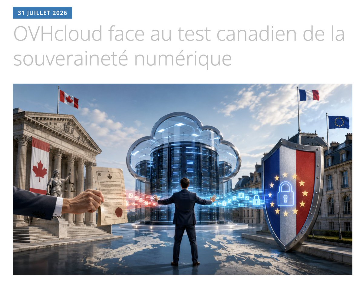 SouveraineTech's tweet photo. "En avril 2024 une ordonnance judiciaire canadienne établie au titre de la sécurité nationale exigeait la remise de #données d'abonnés qui seraient stockées sur des serveurs d'@OVHcloud ... ailleurs qu'au Canada.

🚨 La validité de cette ordonnance vient d'être confirmée... obligeant OVH de transmettre ces données."
https://t.co/MVTUqWBIYw