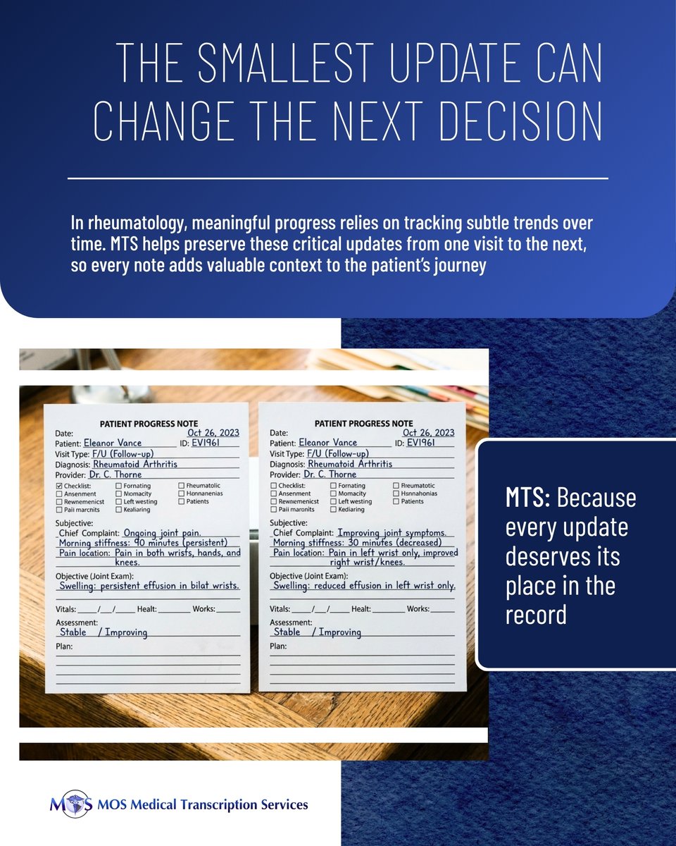 MedTranscript_'s tweet photo. In rheumatology, today's notes only make sense when you can compare them with yesterday's. That's why every small update deserves to be documented with care.
#Rheumatologytranscriptionservice from MTS helps document the changes that matter, one visit at a time. #HealthcareSupport https://t.co/6WVNIeUJYS