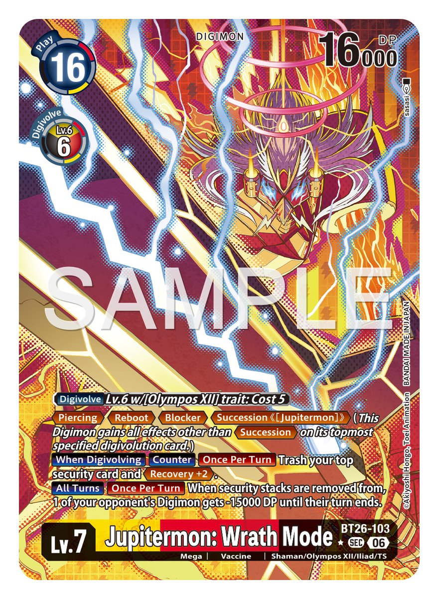 digimon_tcg_EN's tweet photo. [REVEALS]

Hello Digimon Tamers! 
Today’s card is [BT26-103 Jupitermon: Wrath Mode]!

BOOSTER TIMELESS BONDS [BT-26] 
Pre-Release Aug 28, 2026! In stores Sep 4, 2026!
https://t.co/7JW4VEhovm

#DigimonCardGame https://t.co/QUEHrOiOZ2
