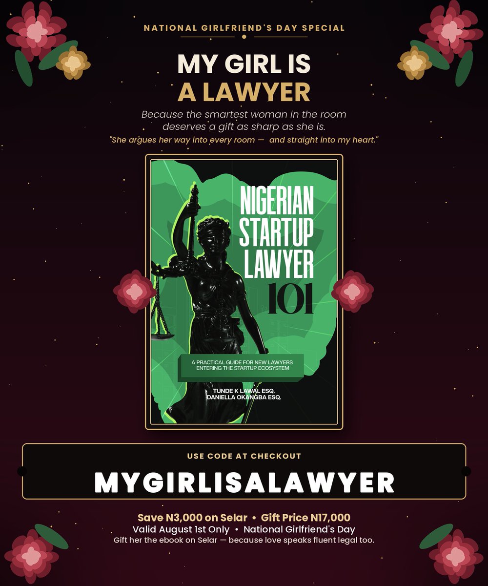 tunde_naija's tweet photo. Happy National Girlfriend Day 

Here’s my gift to all the female lawyers and their Partner 🚀😎

Get the eBook and physical copy using this coupon 

Promocode: MYGIRLISALAWYER 

https://t.co/gkGrda9GcR https://t.co/WfsEylMQp6
