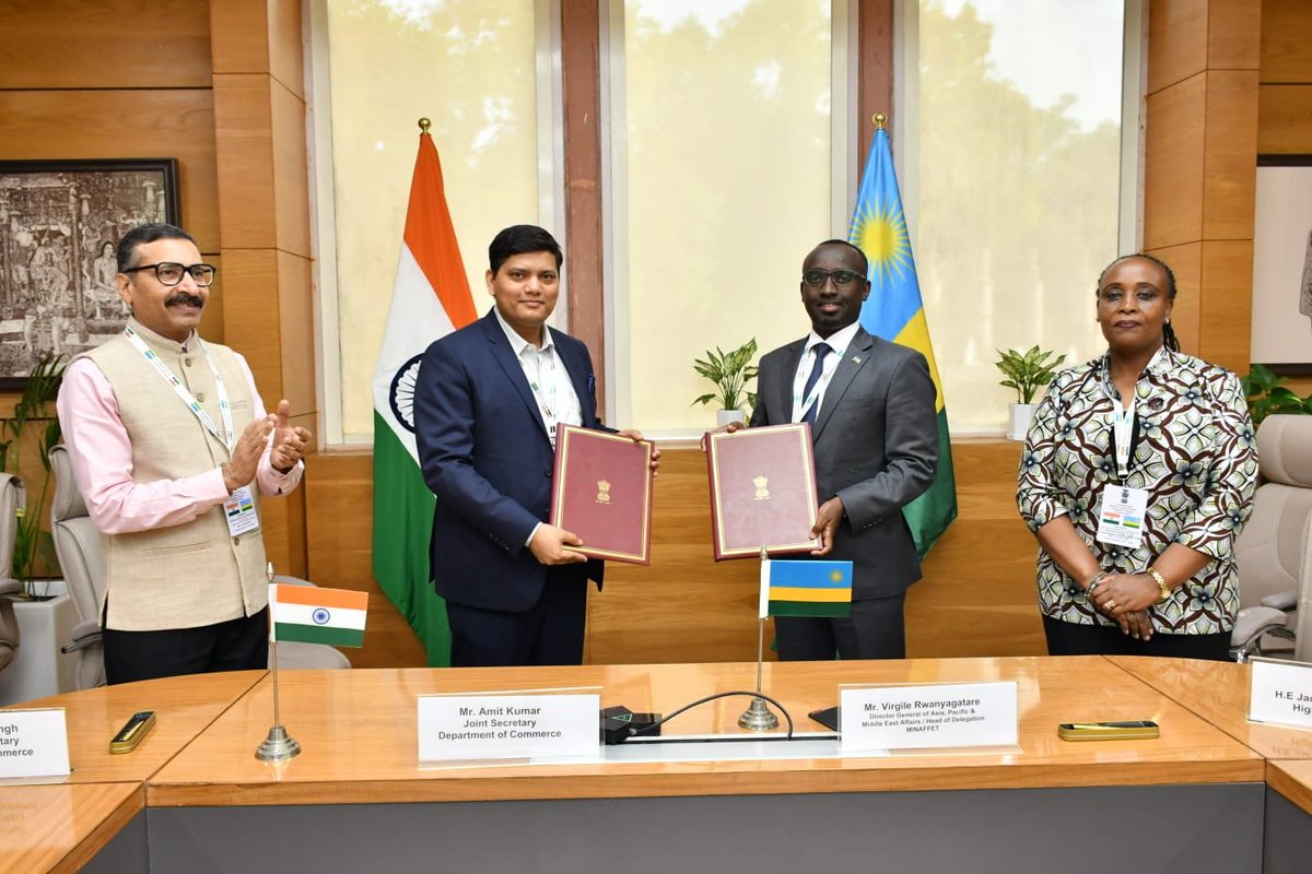 RwandaMFA's tweet photo. From 30-31 July 2026, @VRwanyagatare, DG Asia & Pacific @RwandaMFA and Shri Amit Kumar, Joint Secretary at the Ministry of Commerce co-chaired the 1st Rwanda-India Joint Trade Committee (JTC) Meeting, in New Delhi.  They reviewed the status
of bilateral trade and investment between Rwanda and India and explored avenues for enhanced
cooperation.@RwandaTrade @PSF_Rwanda