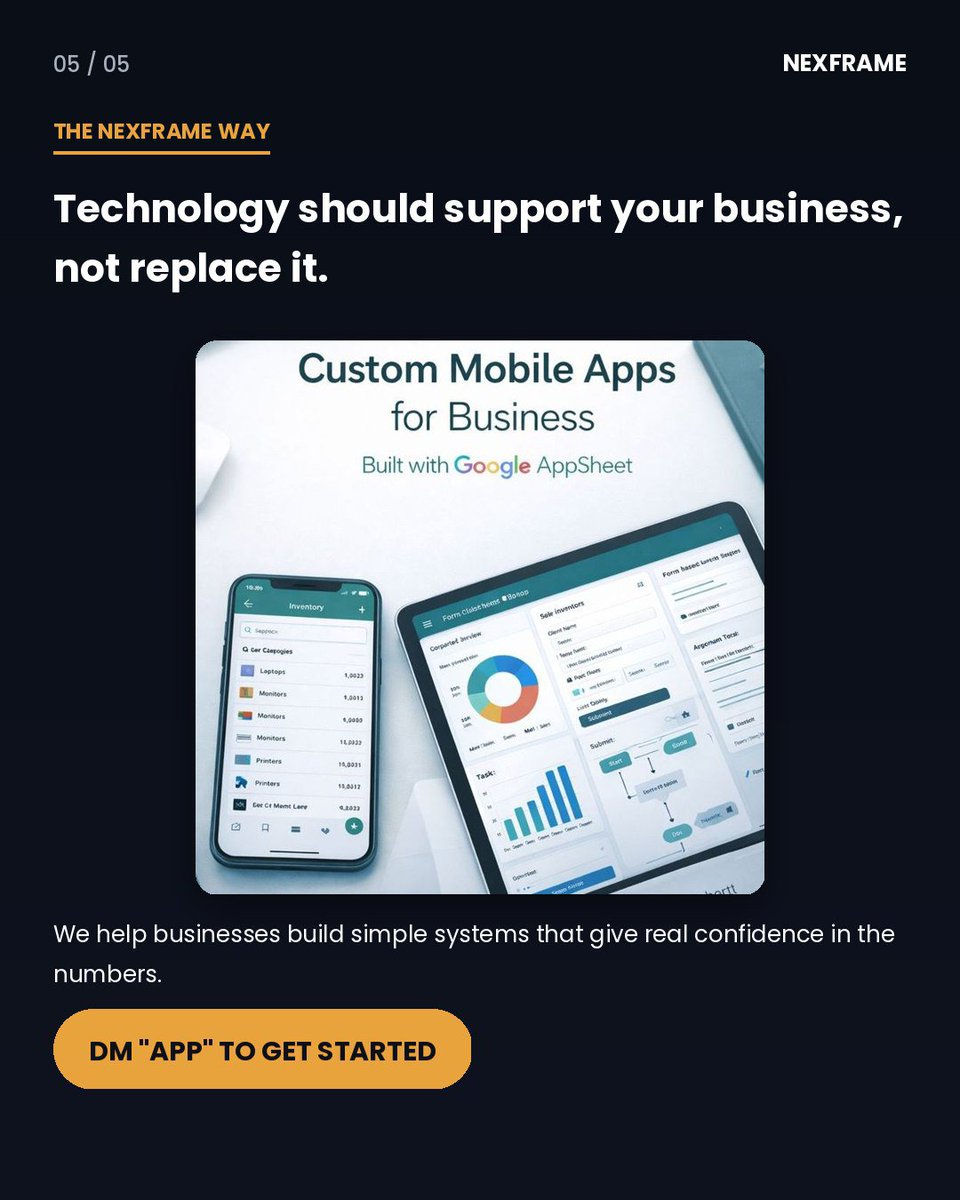 nexframesystems's tweet photo. Technology shouldn't replace your business. It should support it.

The goal isn't fancy software. It's a business that can grow without depending on memory, paper, or endless phone calls.

We help businesses build simple systems that give real confidence in the numbers. https://t.co/3oZSZ9ccvr