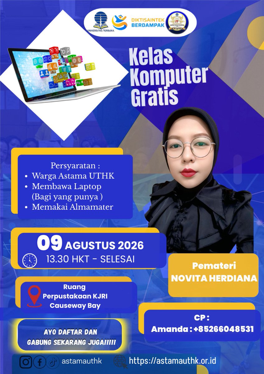 Astamauthk's tweet photo. TINGKATKAN SKILL KOMPUTERMU SEKARANG! 🚀

📢 Panggilan untuk seluruh Warga Astama UTHK! Segera daftarkan diri kamu di Kelas Komputer Gratis!!!

💡 Pemateri:  Novita Herdiana
✍🏻 Materi : Basic  Microsoft Word 
⏰ Waktu : Minggu, 09 Agustus 2026 | 13.30 HKT- Selesai https://t.co/7guWkKk8jv