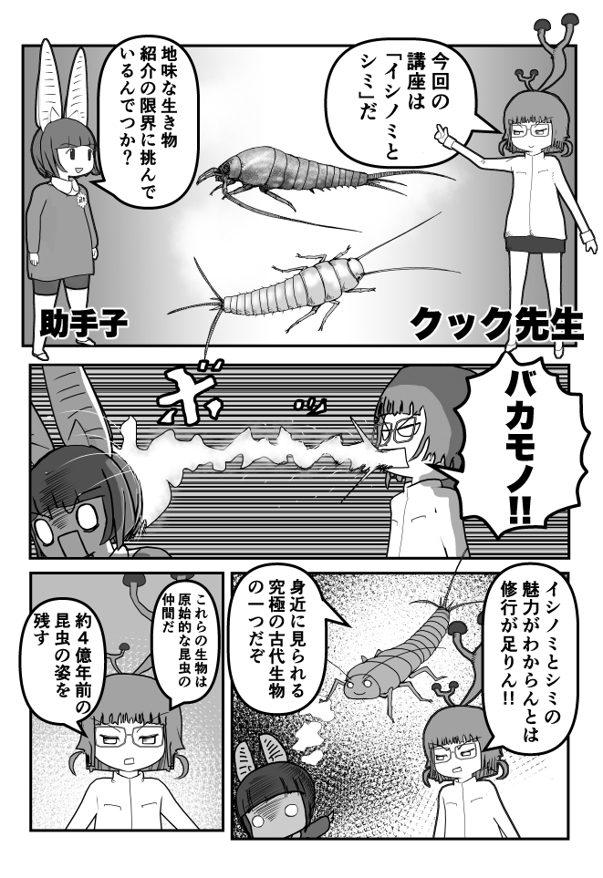 masashinger2000's tweet photo. #クック先生の動物講座 ４p新作は現在ネーム中。なので再掲シリーズ「イシノミとシミ」1/2。
地味すぎなテーマだが「ザ・テレビジョン」で紹介していただいた
https://t.co/wzb59eKj39
地味に人気回。 https://t.co/EuTkDLFAzl