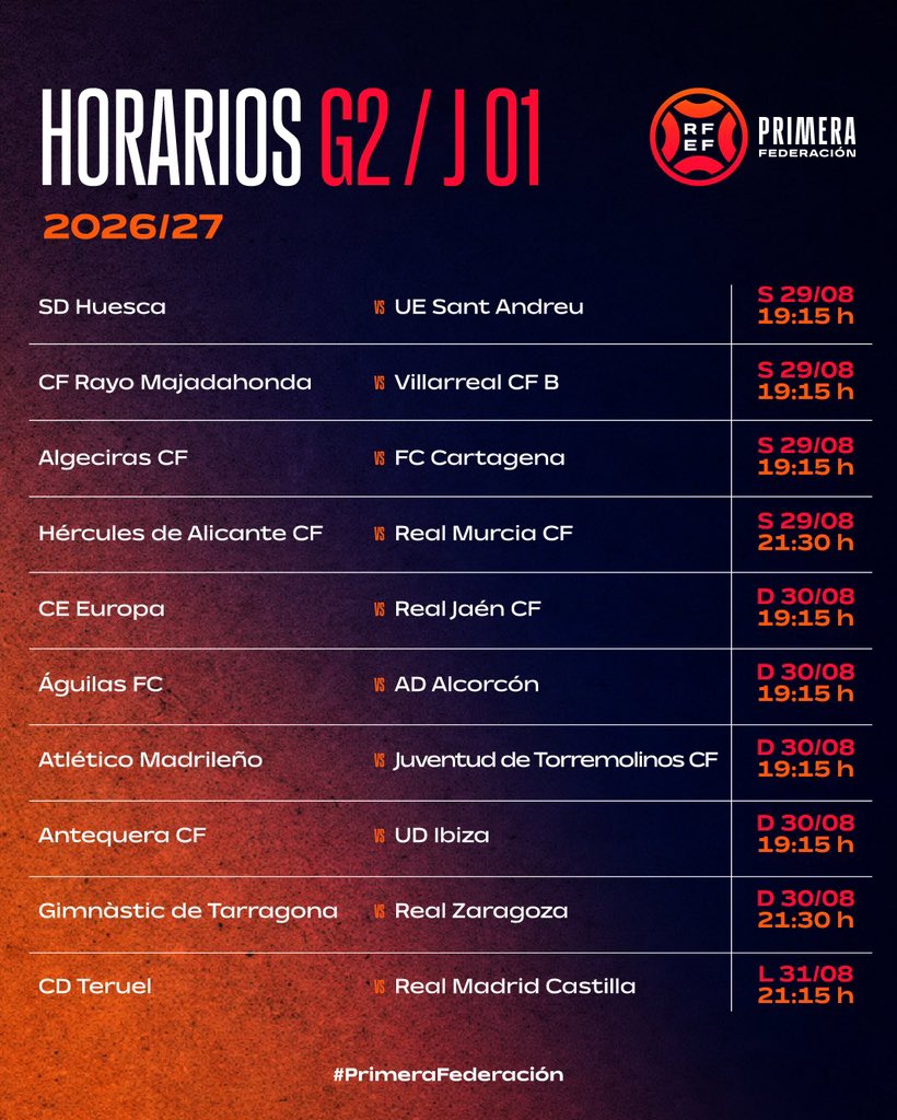 MBlanquillo1932's tweet photo. HORARIO DEL ESTRENO LIGUERO:
🏆 Jornada 1 #PrimeraRFEF  
⚽️ Nástic Tarragona - #RealZaragoza
🏟 Nou Estadi
📅 Domingo 30 de agosto
🕗 21:30
📺 TV por definir https://t.co/i5WOK9CzNd