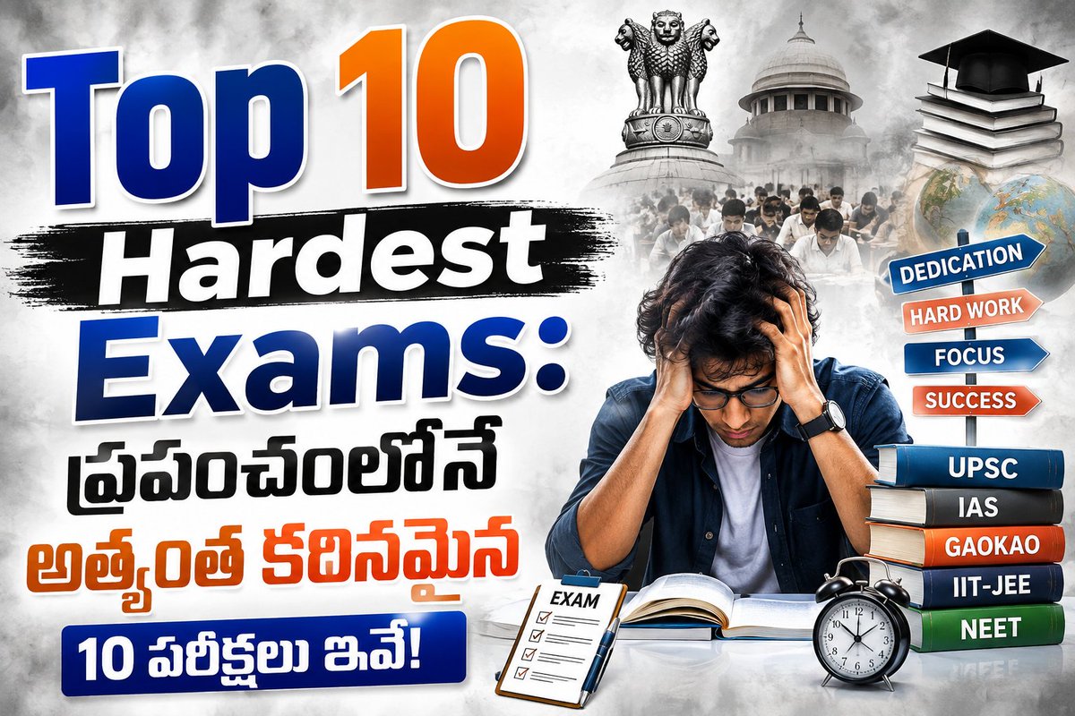 sakshibhavita's tweet photo. Top 10 Hardest Exams:ప్రపంచంలోనే అత్యంత కఠినమైన 10 పరీక్షలు ఇవే! https://t.co/OyTiWoF7rO @sakshieducation 
#WorldsToughestExams #Top10Exams #HardestExams #CompetitiveExams #UPSC #IAS #JEEAdvanced #Gaokao #GATE #CFA #CCIE #MasterSommelier #AllSoulsExam #LNAT #StudyAbroad #ExamPreparation #Education #Students #Career #SakshiEducation