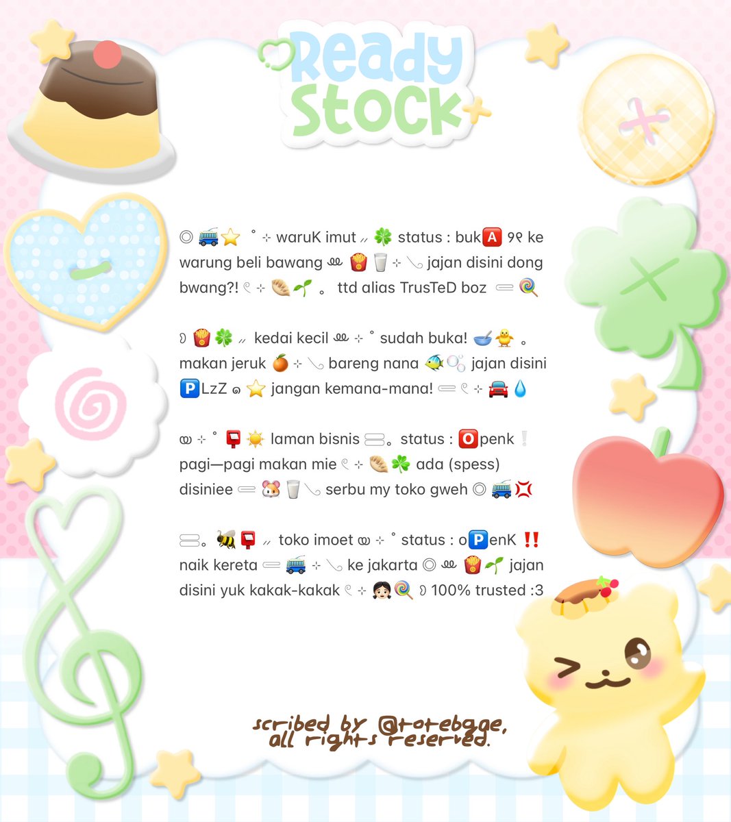 totebgae's tweet photo. help rt, please? thankiies! ♥︎ 

𖦹 ⊹ 🐰🍀 . . g’day, heavenlings! ⿻ 🎀☀️ ˚ ⸝⸝ aku punya 8 wording bio untuk BA ♡ 🥣 ⊹ 𓏲 dengan prici : Rp3.500! 𓈄 ˚ 🍦👛 check ALT for more details &amp;&amp; @ me after dm! ୨୧ 🍮

🌸🌱 : :  #bealanja https://t.co/CHkPgoZjqu