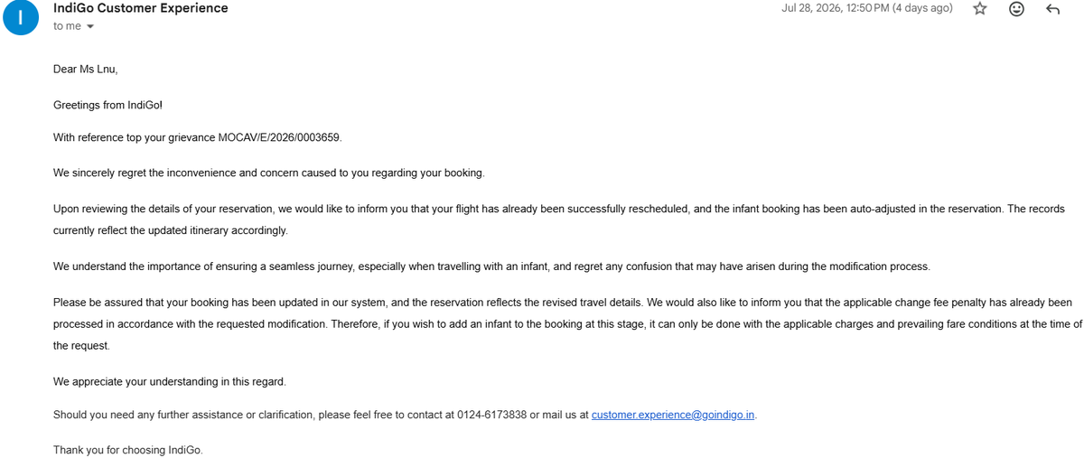 DotRakesh's tweet photo. Old ticket is gone. New ticket has ONLY the mother. The 8mo baby is on NO ticket at all! @IndiGo6E admitted the agent error on recorded logs, yet they lied to the Ministry on CPGRAMS claiming the baby is "auto-adjusted" while demanding AED 488 to put him back on! 2/3 https://t.co/6KNqpk1MAL