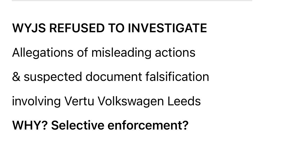 Jeff2023M's tweet photo. @RupertLowe10 WYJS REFUSED TO INVESTIGATE
Allegations of misleading actions and suspected document falsification involving Vertu Volkswagen Leeds.
WHY? https://t.co/Com1jxiLJs