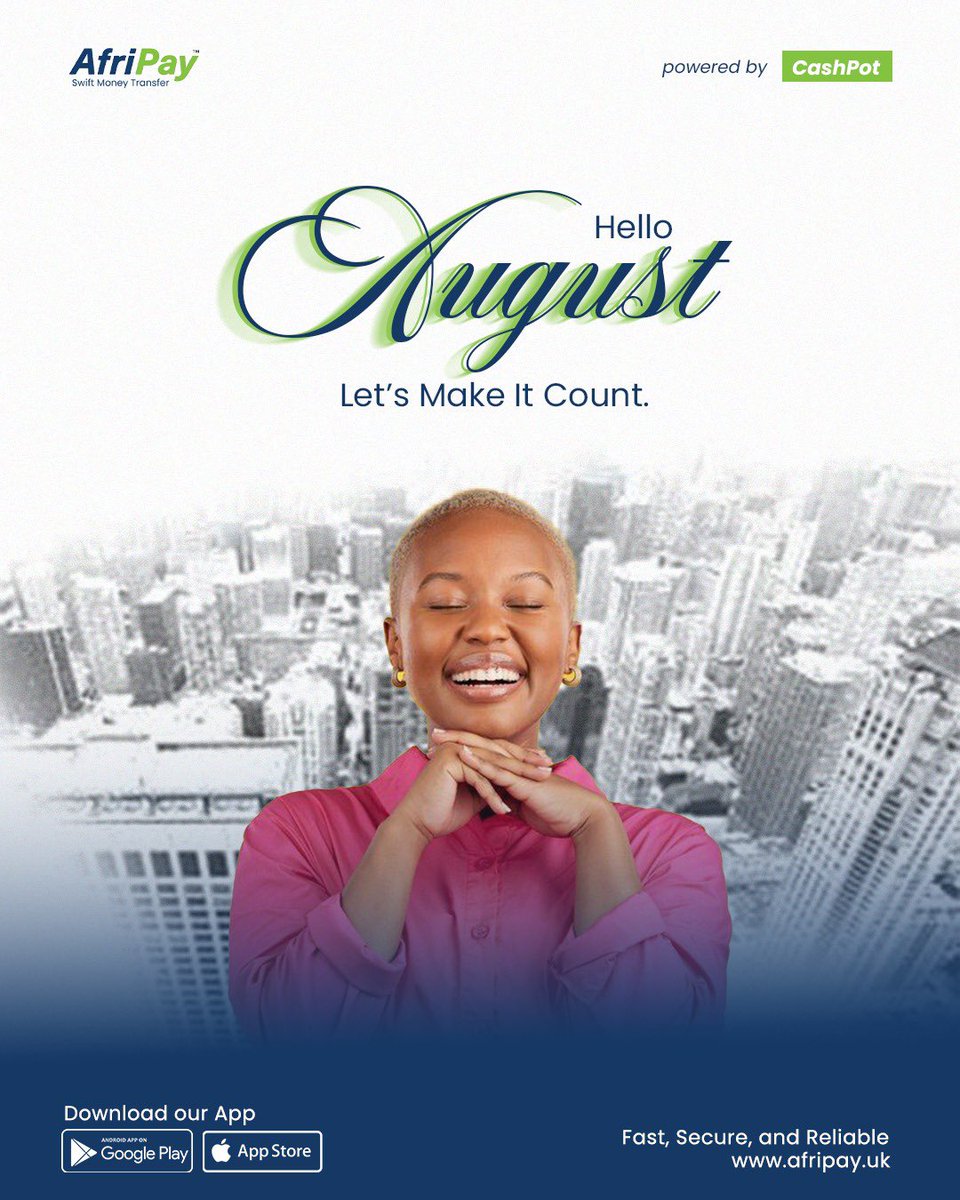 Afripay_Uk's tweet photo. New month. Fresh goals. Bigger dreams. 

AfriPay wishes you a month filled with wins, happiness, seamless connections, and endless possibilities. Happy New Month! 

#HappynewmonthAugust #Afripayeasypay #Swiftmoneytransfer
#EuropeToAfrica https://t.co/QIiTHJ2XpK