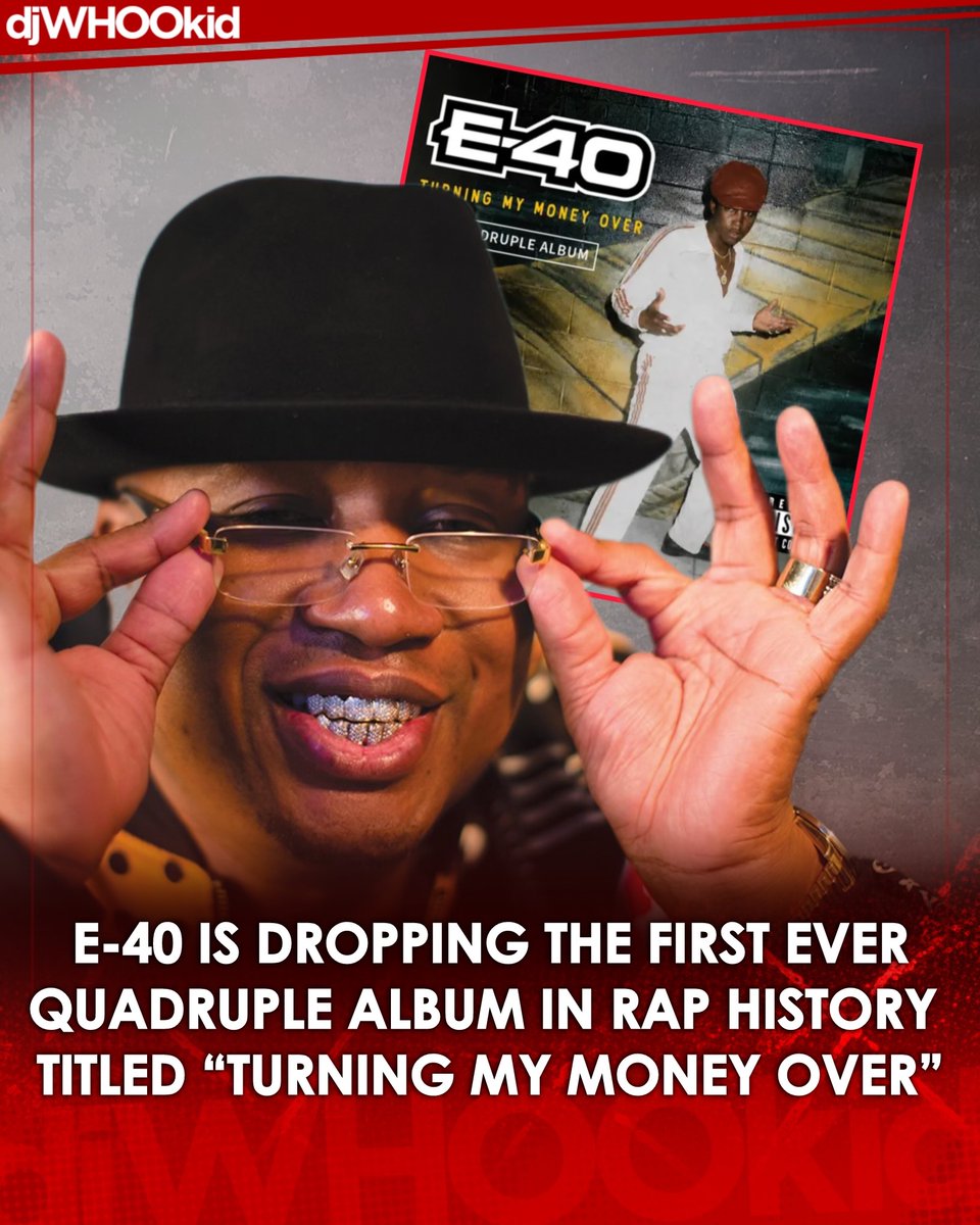 DJWhooKid's tweet photo. A QUADRUPLE ALBUM?! 🤯🔥👀

Only E-40 could’ve thought of this. 

E-40 is officially dropping the first ever quadruple album in Rap history. 

Titled “Turning My Money Over” the project will drop August 28th and will be composed by 40 songs. 

The album will include 32 features, with new verses from Too $hort, Anderson .Paak, Larry June, Havoc and Busta Rhymes amongst others.