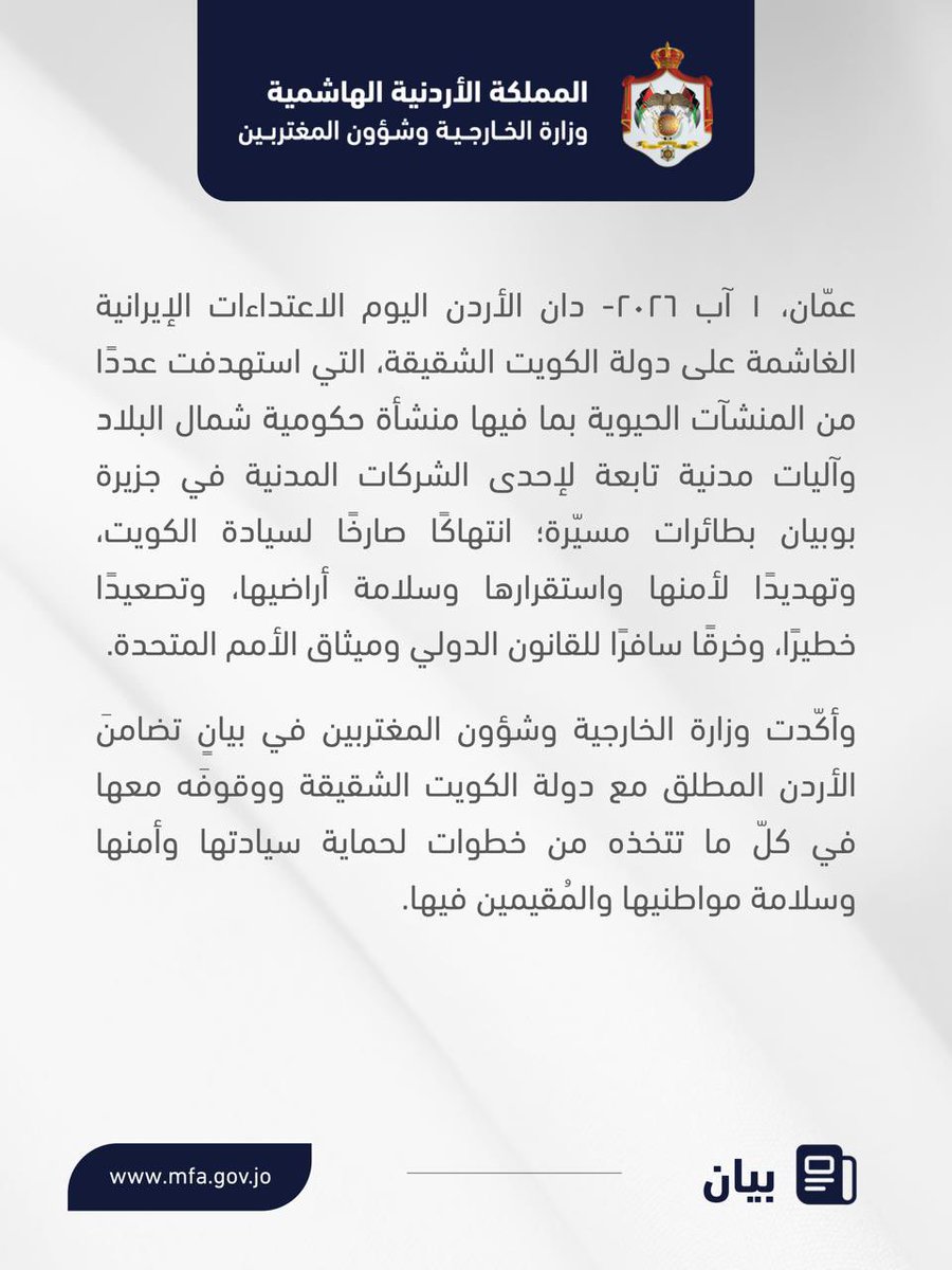 ForeignMinistry's tweet photo. دان الأردن اليوم الاعتداءات الإيرانية الغاشمة على دولة الكويت الشقيقة، التي استهدفت عددًا من المنشآت الحيوية بما فيها منشأة حكومية شمال البلاد وآليات مدنية تابعة لإحدى الشركات المدنية في جزيرة بوبيان بطائرات مسيّرة؛ انتهاكًا صارخًا لسيادة الكويت، وتهديدًا لأمنها واستقرارها وسلامة أراضيها، وتصعيدًا خطيرًا، وخرقًا سافرًا للقانون الدولي وميثاق الأمم المتحدة. 

وأكّدت وزارة الخارجية وشؤون المغتربين في بيانٍ تضامنَ الأردن المطلق مع دولة الكويت الشقيقة ووقوفَه معها في كلّ ما تتخذه من خطوات لحماية سيادتها وأمنها وسلامة مواطنيها والمُقيمين فيها.

#الأردن
#الكويت