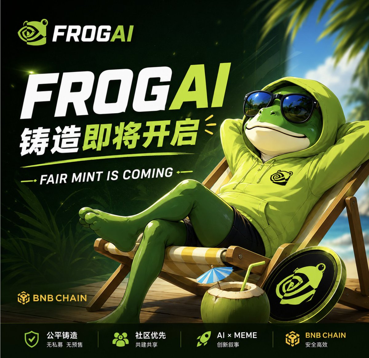 FROGAI_BNB's tweet photo. 🐸 周末愉快，FROGAI 社区！

距离 FROGAI Fair Mint 又近了一步。

🟢 公平铸造
🟢 社区优先
🟢 AI × MEME × BNB Chain
感谢每一位关注和支持 FROGAI 的朋友。
公平铸造，即将开启！ 🚀#股票代币

#FROGAI #BNBChain #FairMint #AI #MemeMind https://t.co/v9owRMDqEI